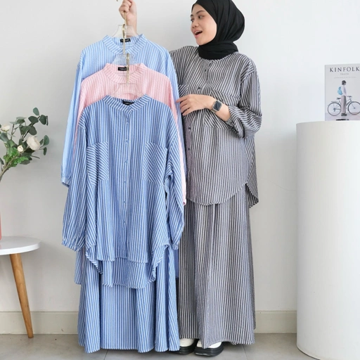 Image of ByMeldev Cotton Stripes Shirt & Skirt Kemeja Rok Salur Set Setelan