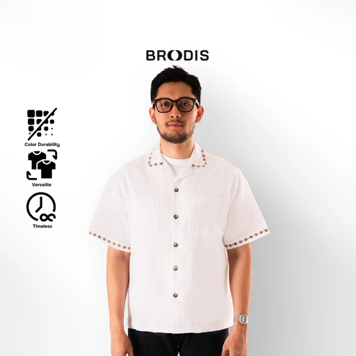 Image of Broodis - Kemeja Bowling Dune Pria Linen Premium Lengan Pendek Motif Klasik White