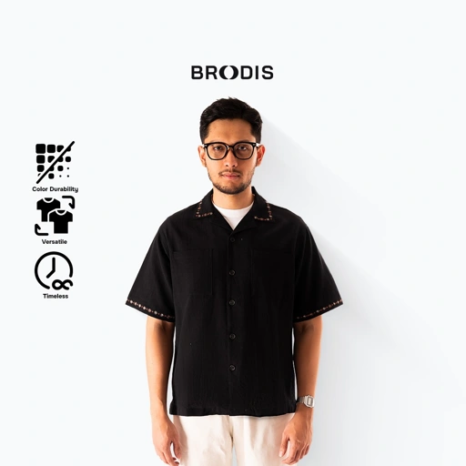 Image of Broodis - Kemeja Bowling Dune Pria Linen Premium Lengan Pendek Motif Klasik Black