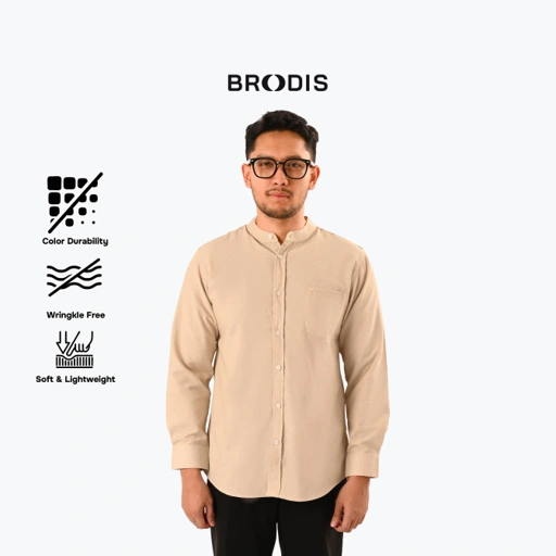 Image of " Broodis Kemeja Koko Pria Shanghai Polos Oxford Cream COZY Series Cotton Beige Lengan Panjang"