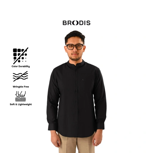 Image of " Broodis Kemeja Koko Pria Shanghai Polos Oxford Hitam COZY Series Cotton Black Lengan Panjang"