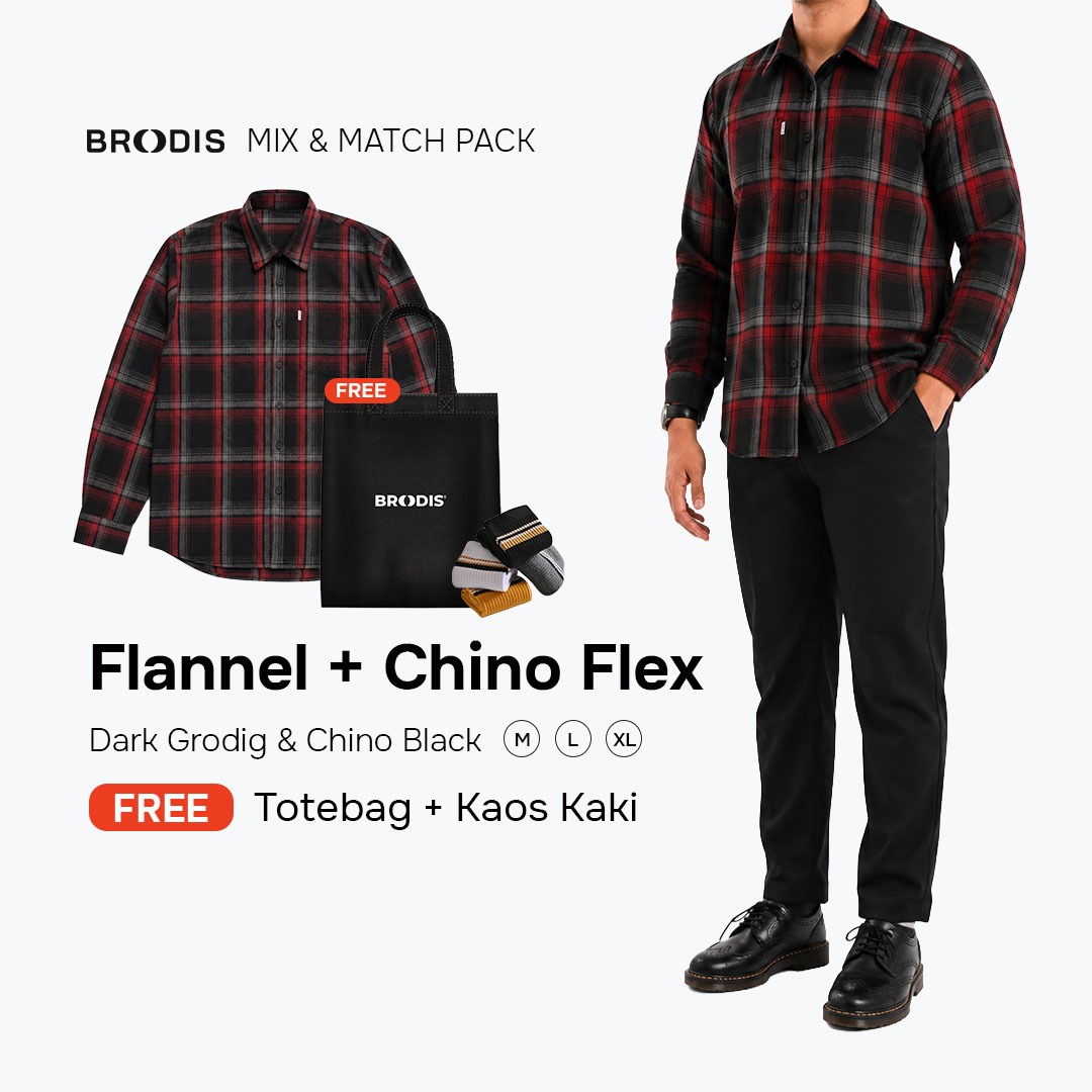 Broodis Mix & Match Bundle| Flannel Dark Grodig + Chino Pants - Bundling FREE Totebag & kaos kaki| Bebas Pilih Warna