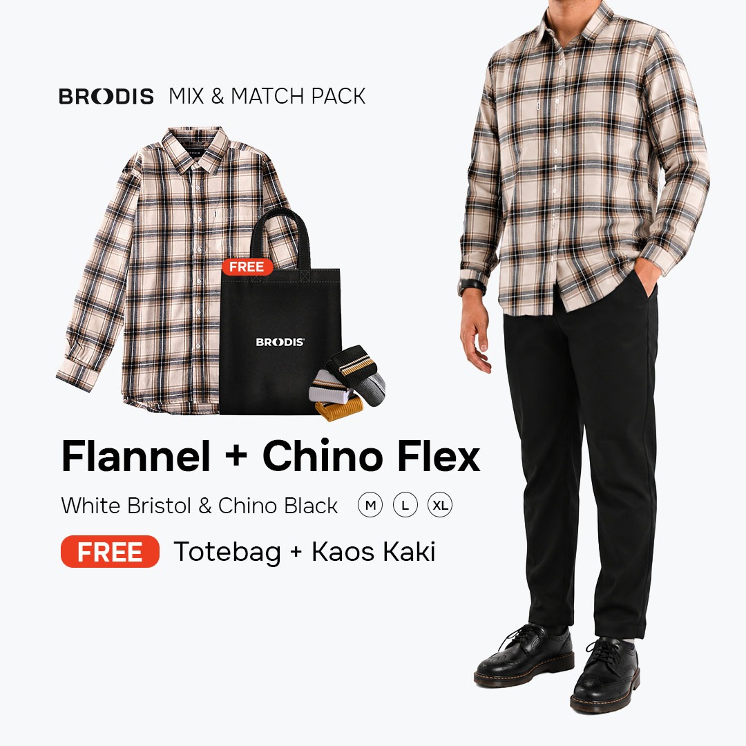 Broodis Mix & Match Bundle| Flannel White Bristol + Chino Pants - Bundling FREE Totebag & kaos kaki| Bebas Pilih Warna