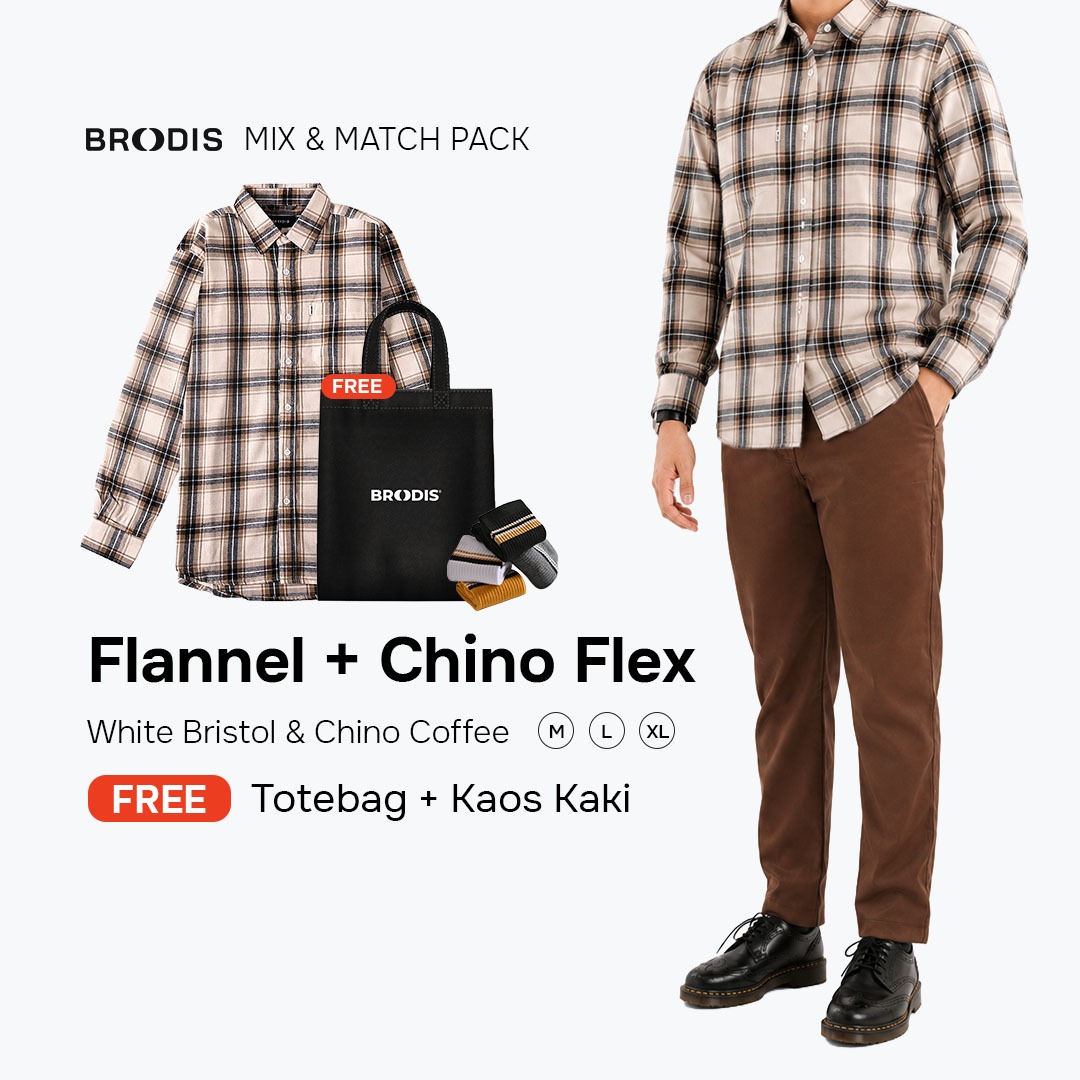 Broodis Mix & Match Bundle| Flannel White Bristol + Chino Pants - Bundling FREE Totebag & kaos kaki| Bebas Pilih Warna