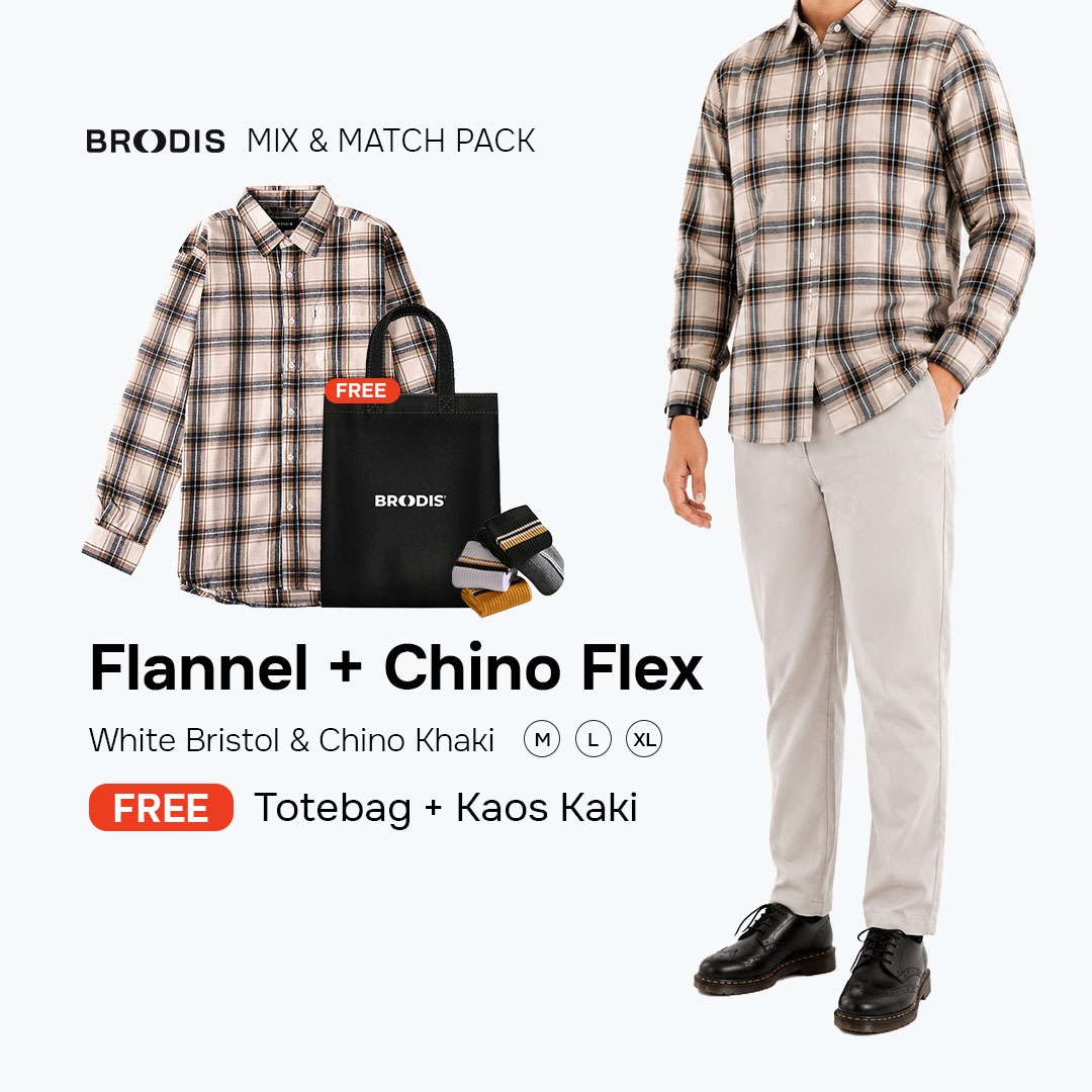 Broodis Mix & Match Bundle| Flannel White Bristol + Chino Pants - Bundling FREE Totebag & kaos kaki| Bebas Pilih Warna