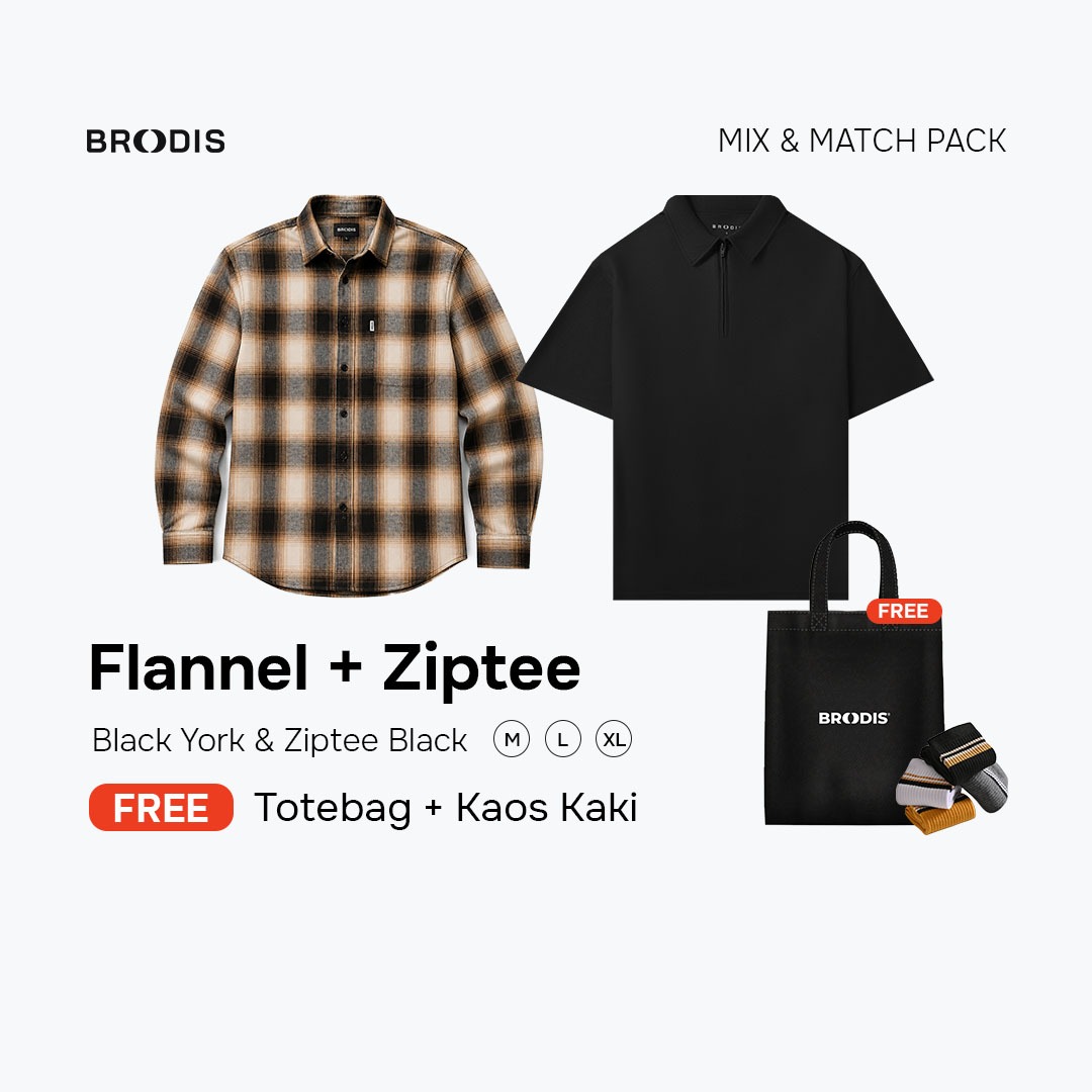 Broodis Style Bundle| Flannel Black York + Polo Shirt Ziptee Bundling 2 Artikel FREE Totebag & Kaos kaki