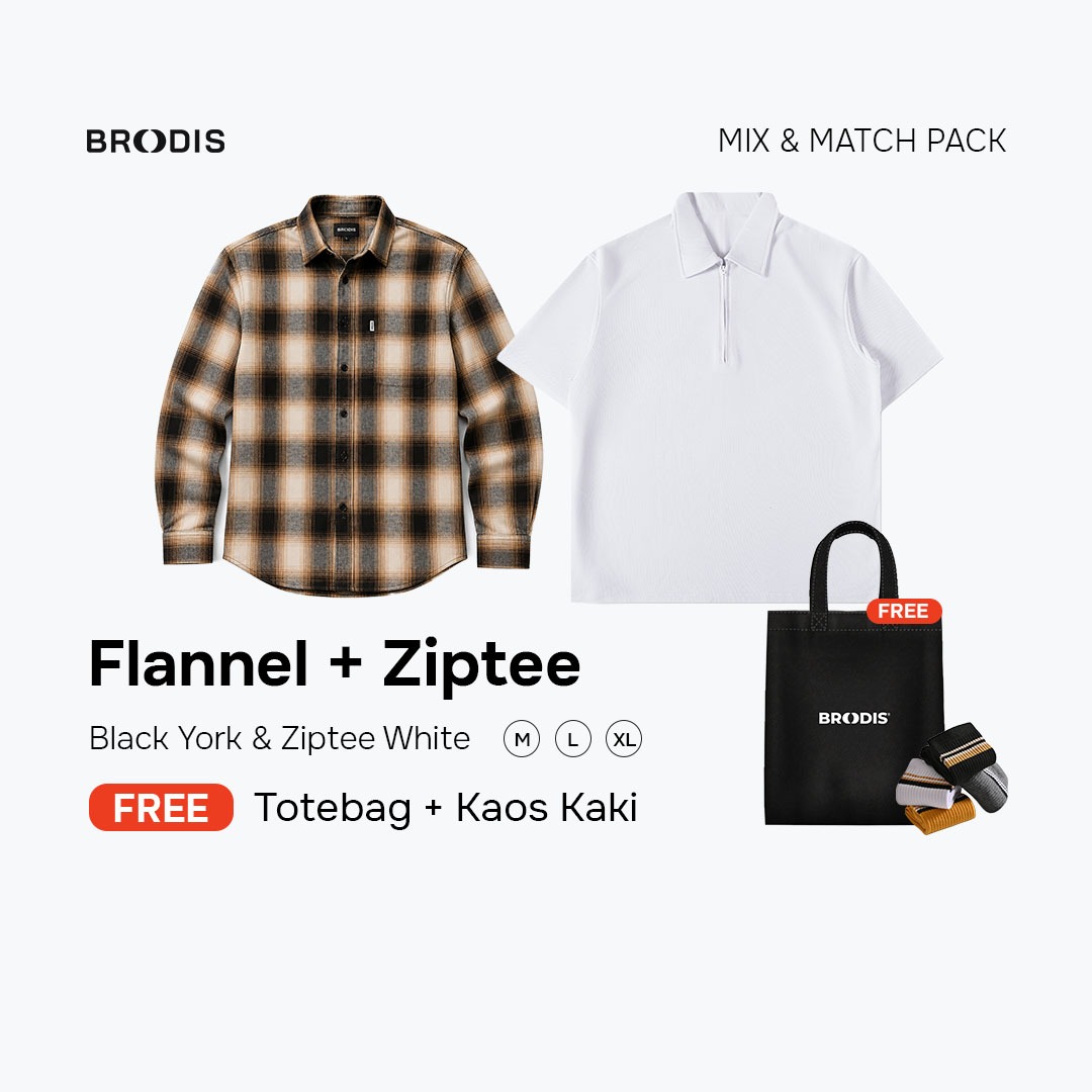 Broodis Style Bundle| Flannel Black York + Polo Shirt Ziptee Bundling 2 Artikel FREE Totebag & Kaos kaki