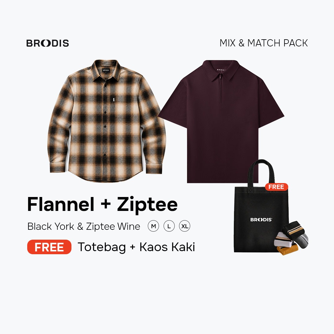Broodis Style Bundle| Flannel Black York + Polo Shirt Ziptee Bundling 2 Artikel FREE Totebag & Kaos kaki