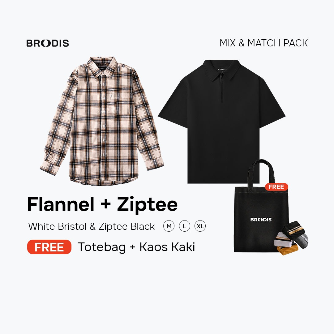 Broodis Style Bundle| Flannel White Bristol + Polo Shirt Ziptee Bundling 2 Artikel FREE Totebag & Kaos kaki