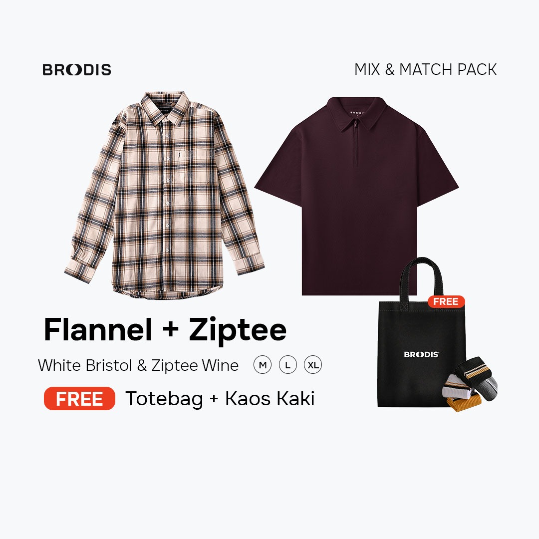 Broodis Style Bundle| Flannel White Bristol + Polo Shirt Ziptee Bundling 2 Artikel FREE Totebag & Kaos kaki