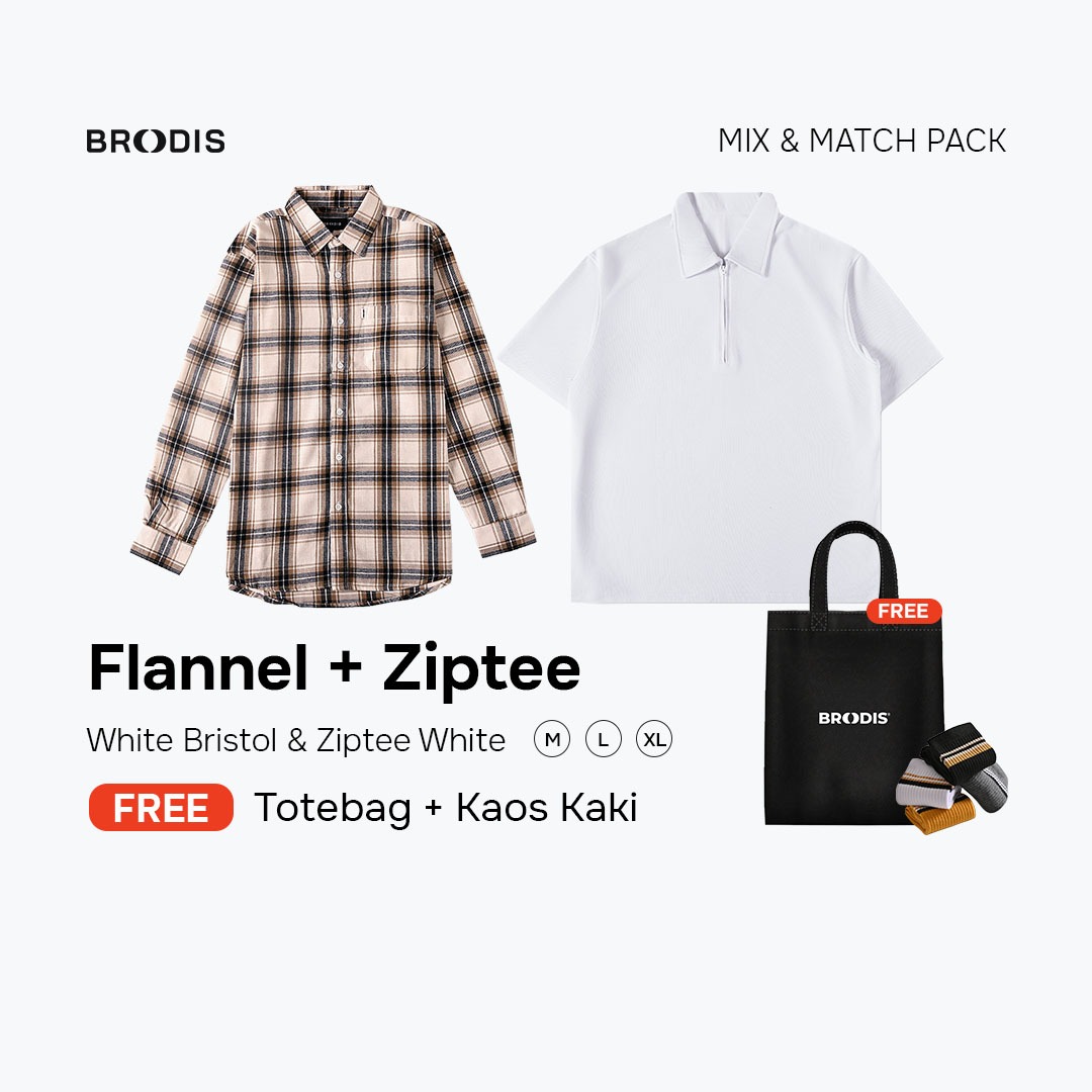 Broodis Style Bundle| Flannel White Bristol + Polo Shirt Ziptee Bundling 2 Artikel FREE Totebag & Kaos kaki