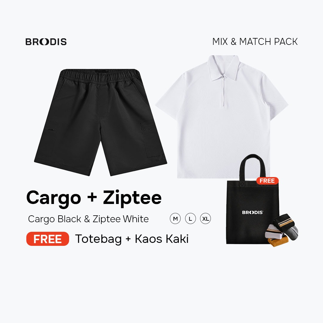 Broodis Hangout Bundle | Cargo Short + Polo shirt Ziptee Outfit Santai 2 Artikel FREE Goodie Bag | White