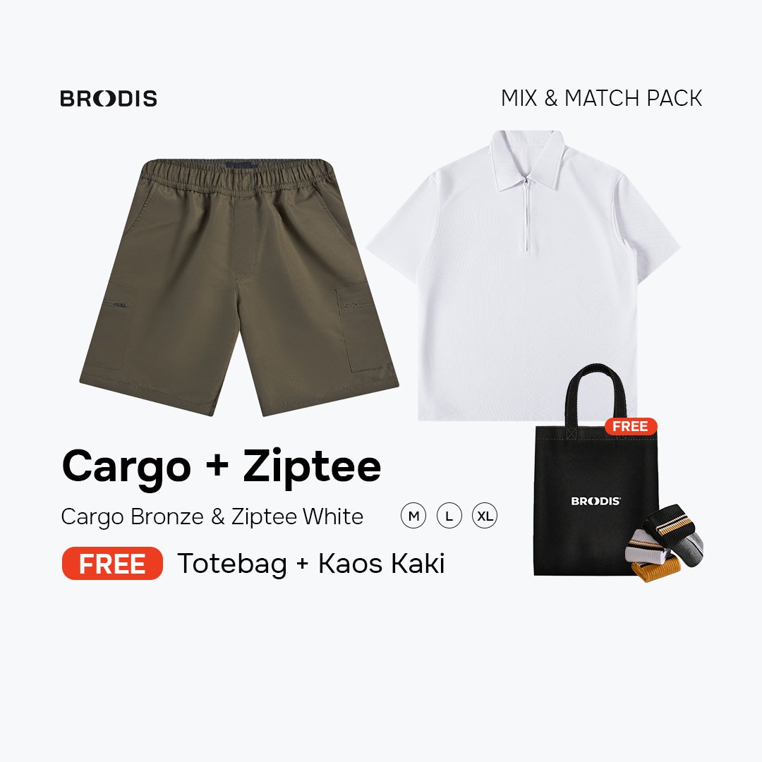 Broodis Hangout Bundle | Cargo Short + Polo shirt Ziptee Outfit Santai 2 Artikel FREE Goodie Bag | White