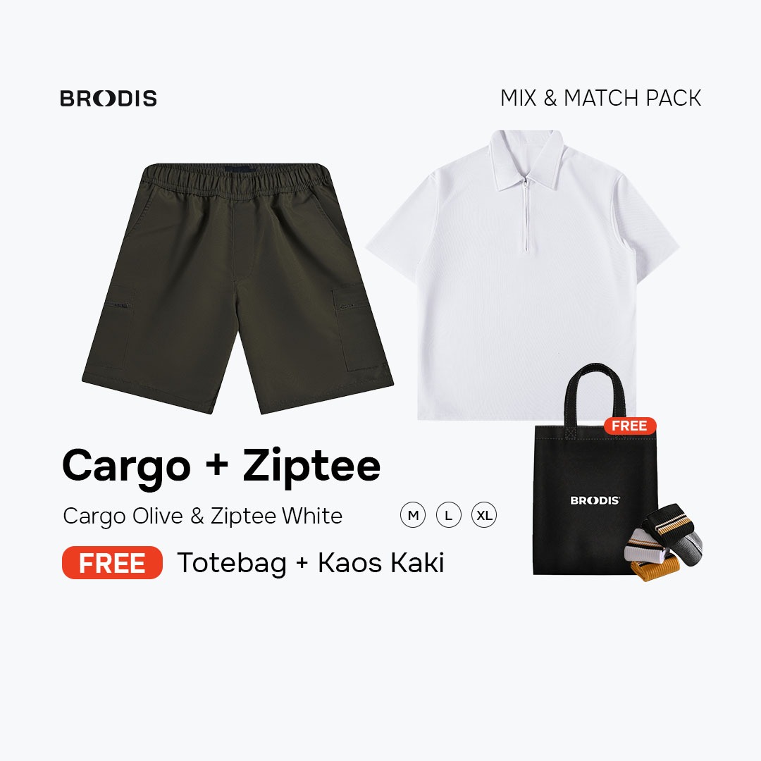 Broodis Hangout Bundle | Cargo Short + Polo shirt Ziptee Outfit Santai 2 Artikel FREE Goodie Bag | White