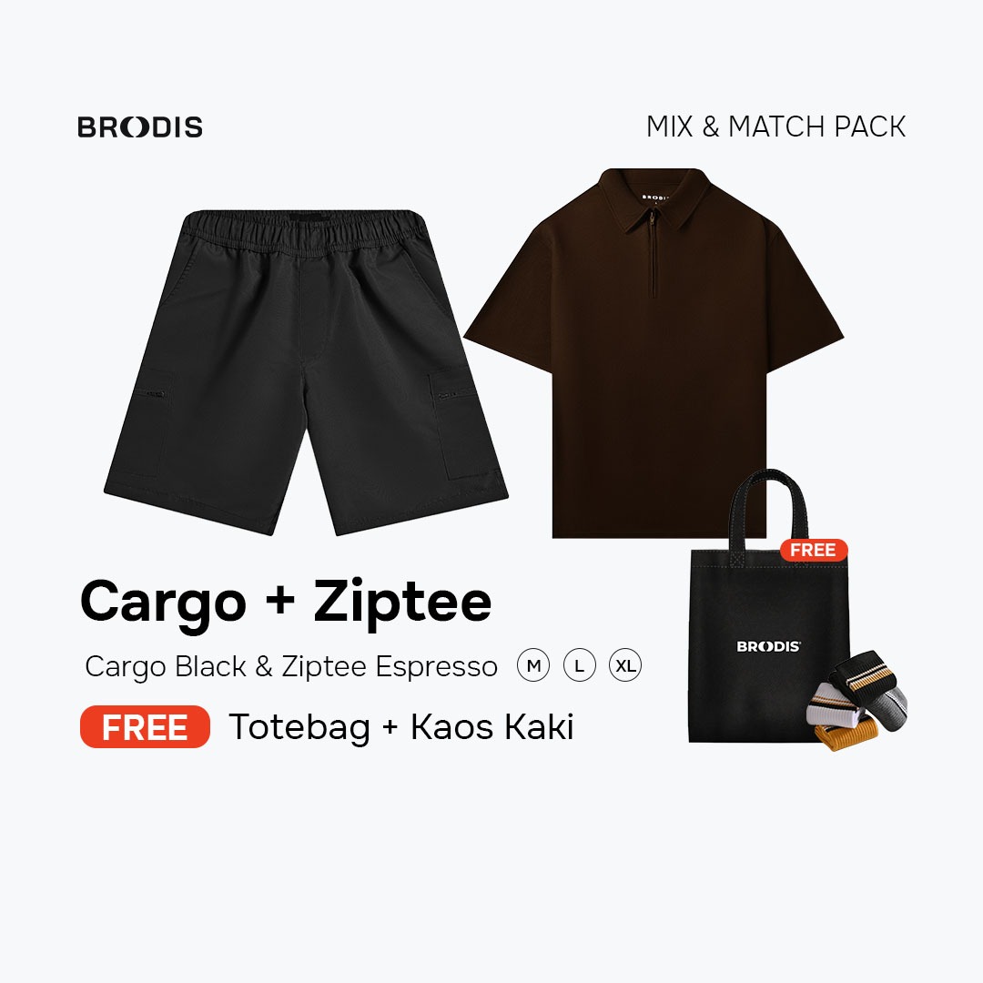 Broodis Hangout Bundle | Cargo Short + Polo shirt Ziptee Outfit Santai 2 Artikel FREE Goodie Bag | Espresso