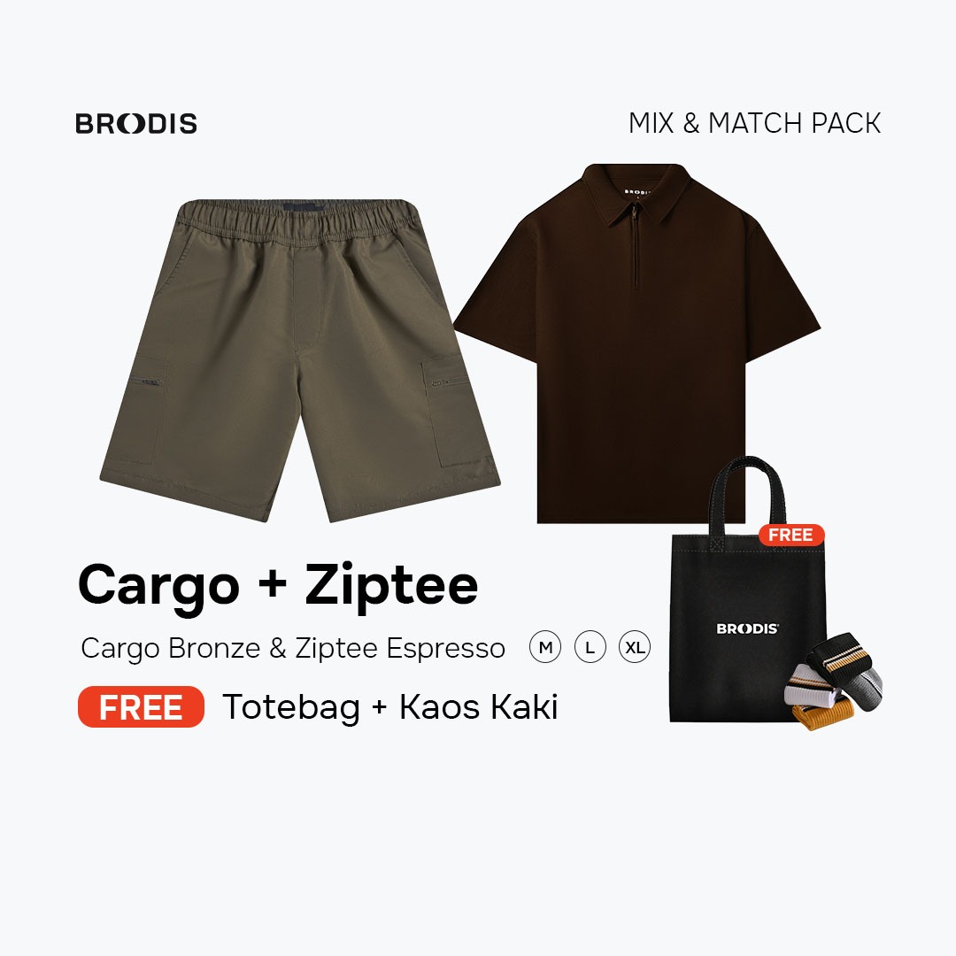 Broodis Hangout Bundle | Cargo Short + Polo shirt Ziptee Outfit Santai 2 Artikel FREE Goodie Bag | Espresso