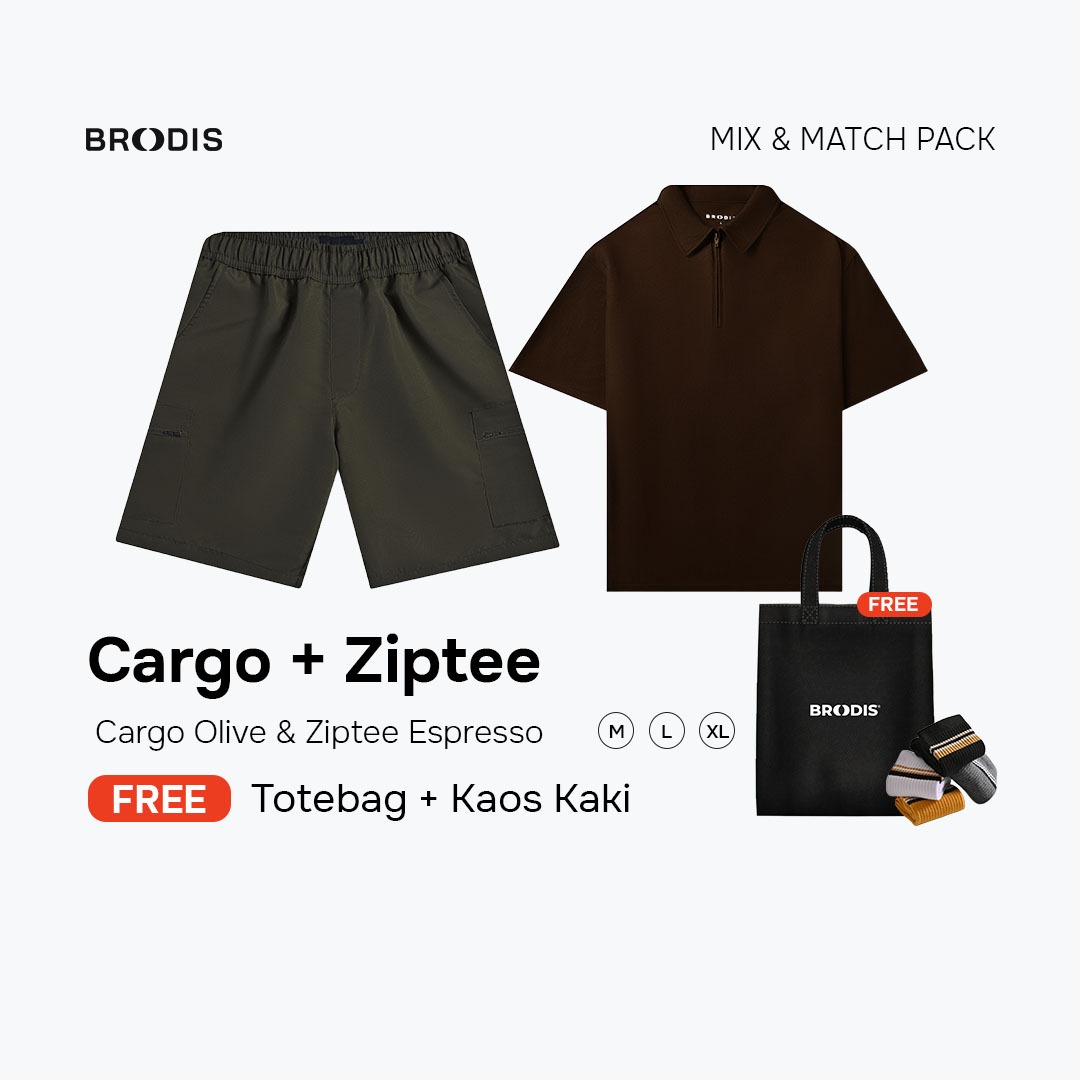 Broodis Hangout Bundle | Cargo Short + Polo shirt Ziptee Outfit Santai 2 Artikel FREE Goodie Bag | Espresso