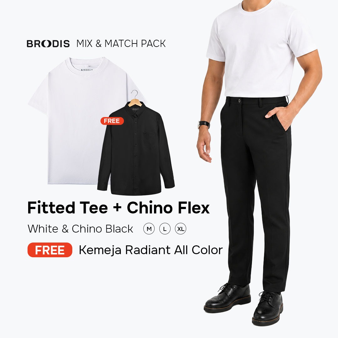 Broodis Bundling Hemat| Fitted Tee + Chino Flex Bundling 2 Item Gratis Kemeja Radiant | Bebas Pilih Warna
