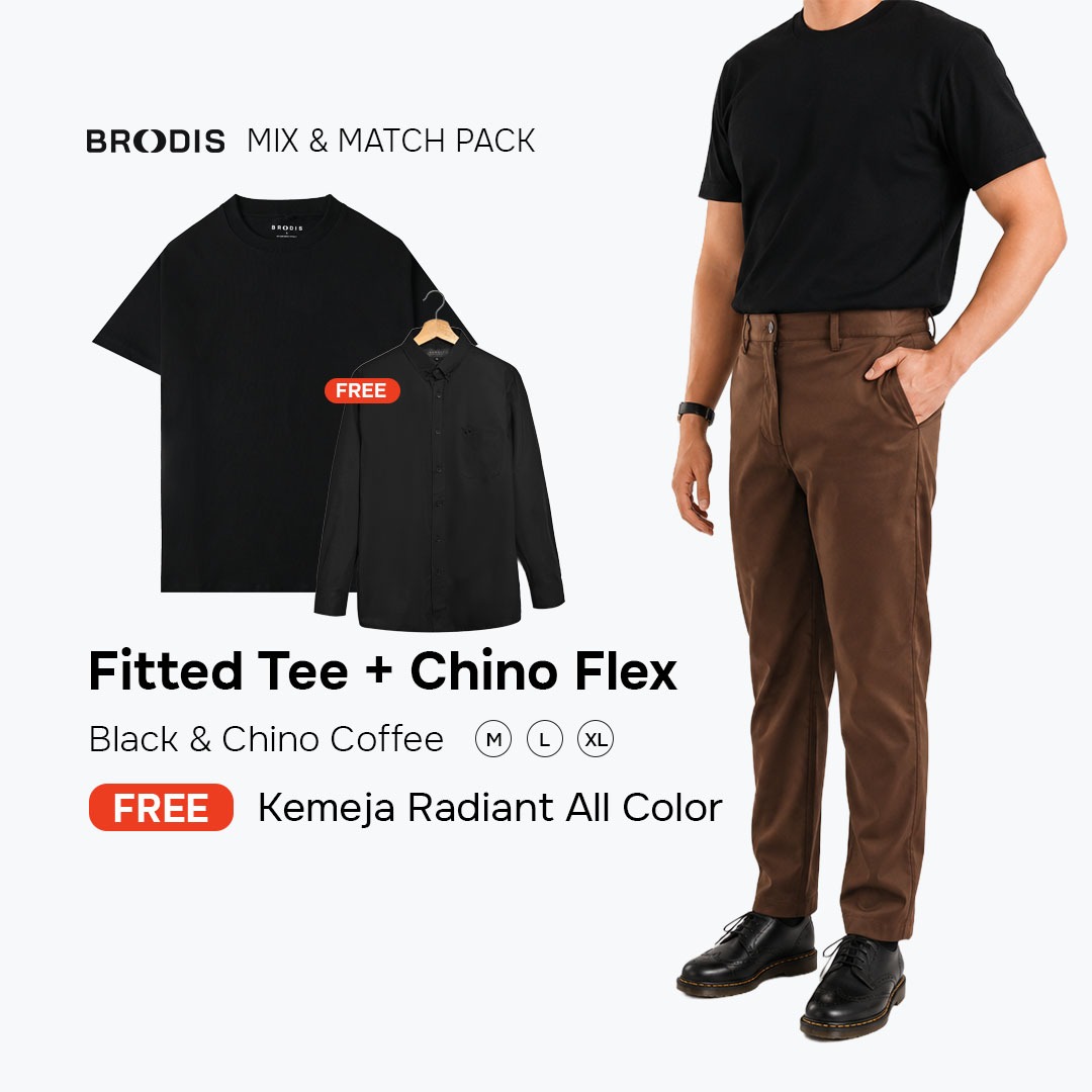 Broodis Bundling Hemat| Fitted Tee + Chino Flex Bundling 2 Item Gratis Kemeja Radiant | Bebas Pilih Warna