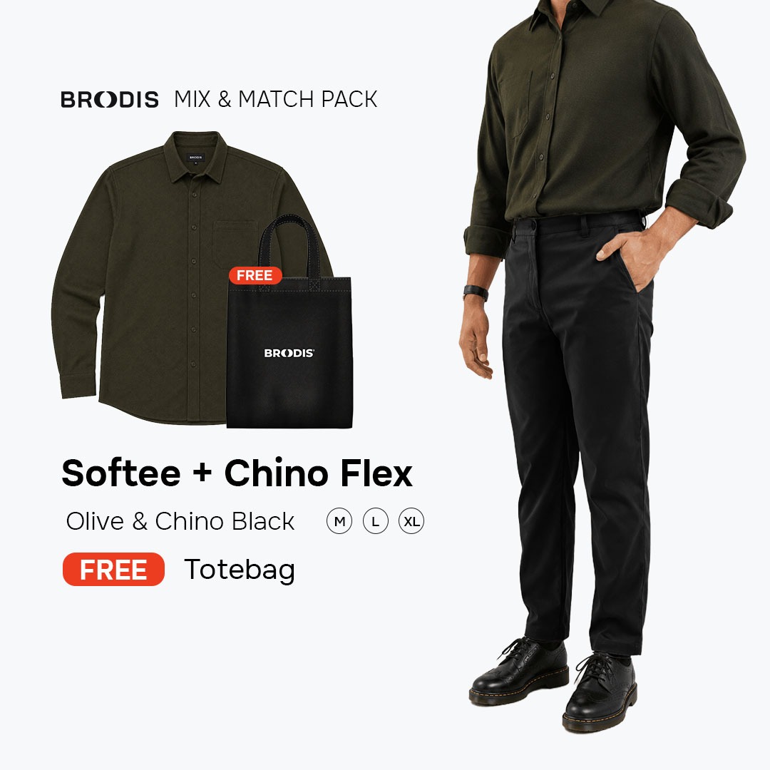 Broodis WFC Bundle | Chino Flex + Kemeja Softee Outfit Kerja Kasual 2 Artikel FREE Goodie Bag | Olive