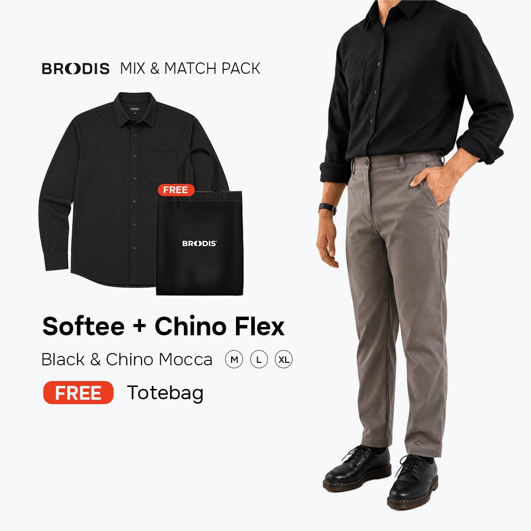 Broodis WFC Bundle | Chino Flex + Kemeja Softee Outfit Kerja Kasual 2 Artikel FREE Goodie Bag | Black