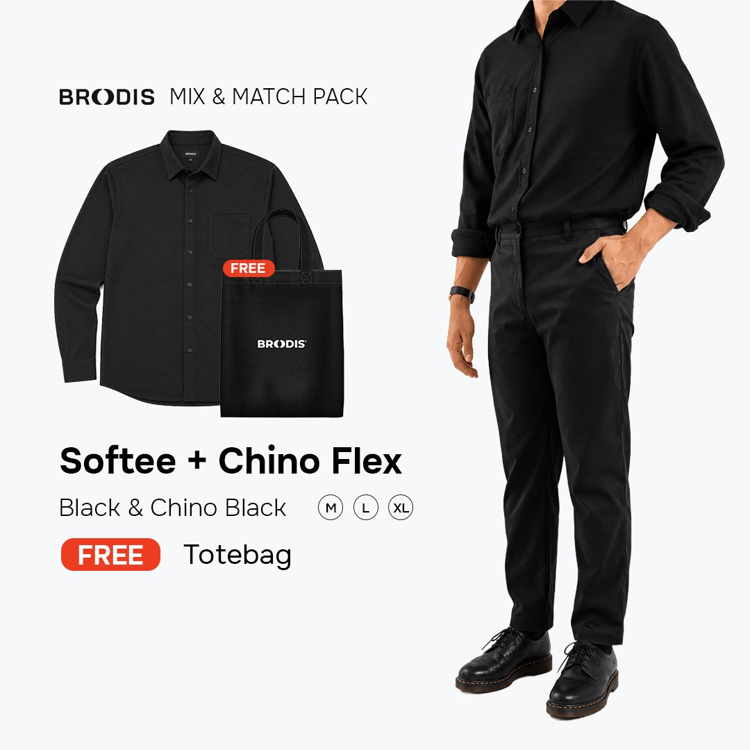 Broodis WFC Bundle | Chino Flex + Kemeja Softee Outfit Kerja Kasual 2 Artikel FREE Goodie Bag | Black