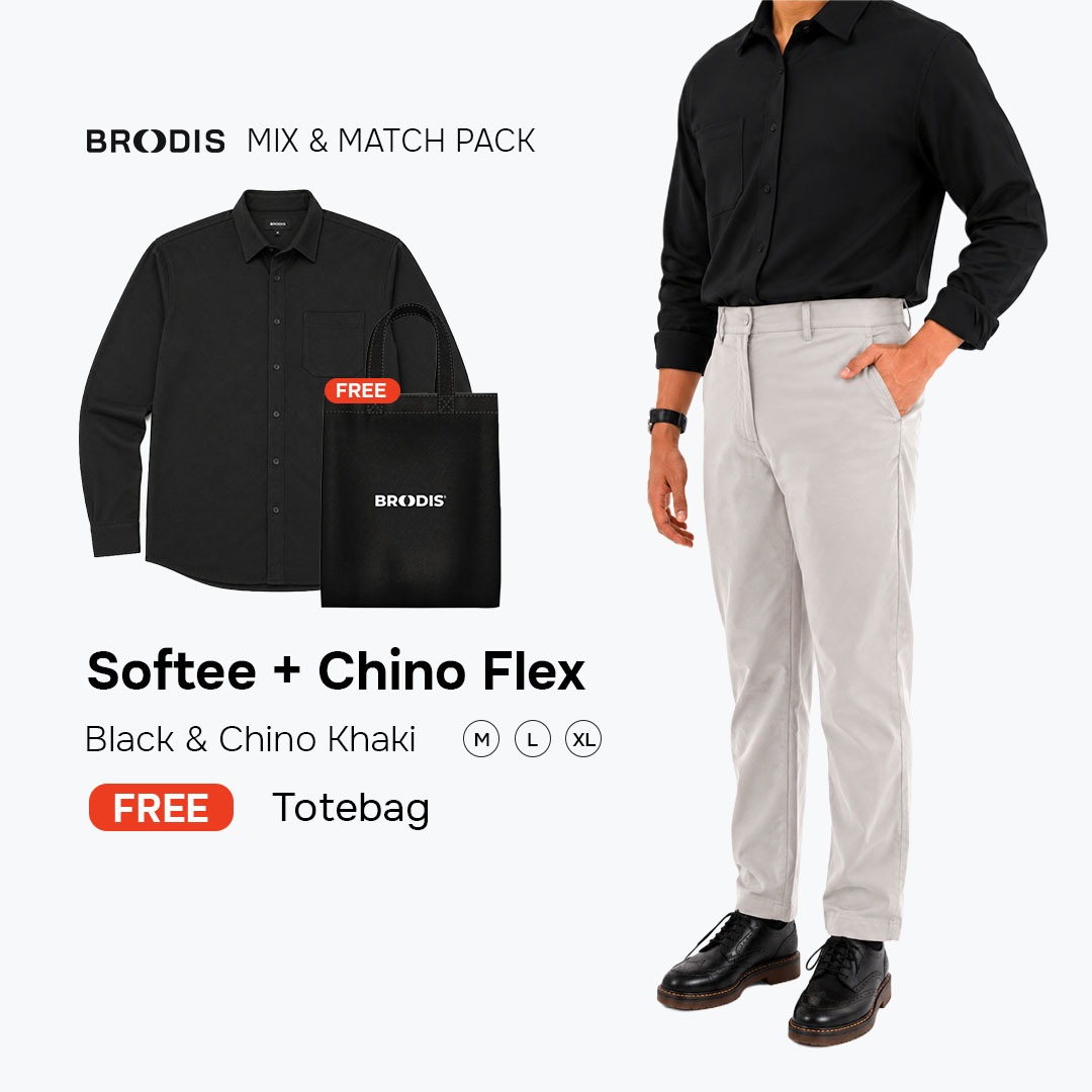Broodis WFC Bundle | Chino Flex + Kemeja Softee Outfit Kerja Kasual 2 Artikel FREE Goodie Bag | Black
