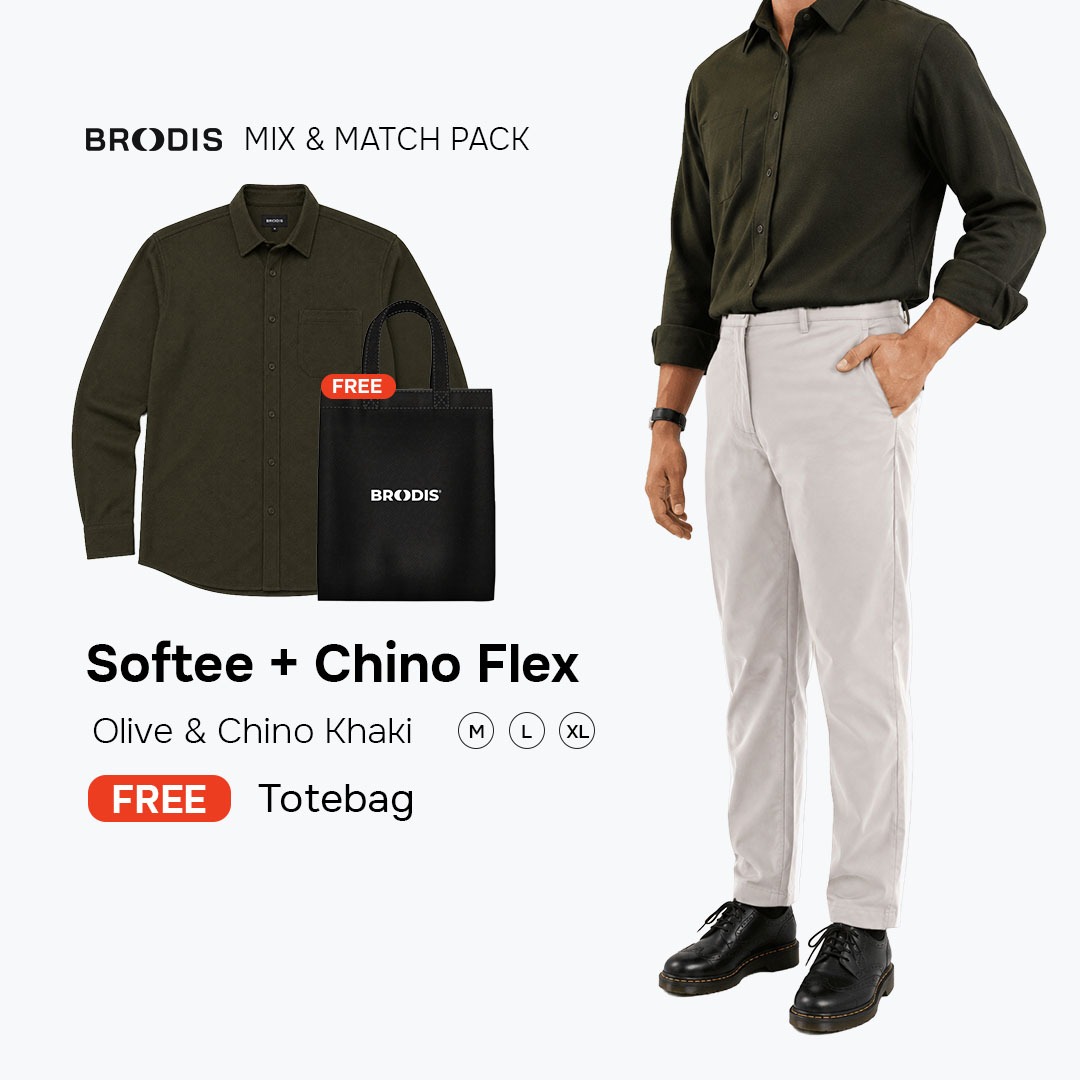 Broodis WFC Bundle | Chino Flex + Kemeja Softee Outfit Kerja Kasual 2 Artikel FREE Goodie Bag | Olive