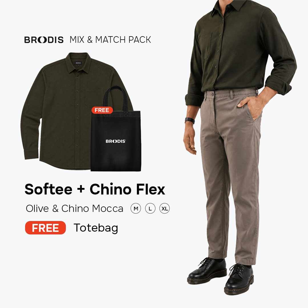 Broodis WFC Bundle | Chino Flex + Kemeja Softee Outfit Kerja Kasual 2 Artikel FREE Goodie Bag | Olive