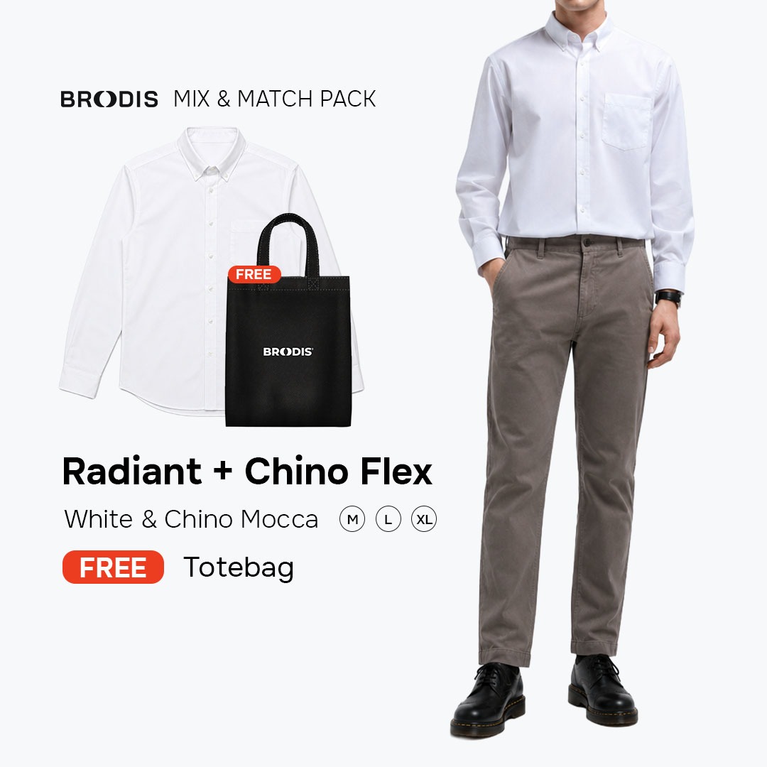 Broodis Smart Casual Bundle| Chino Flex + Kemeja Radiant White Bundling Formal Outfit FREE Goodie Bag