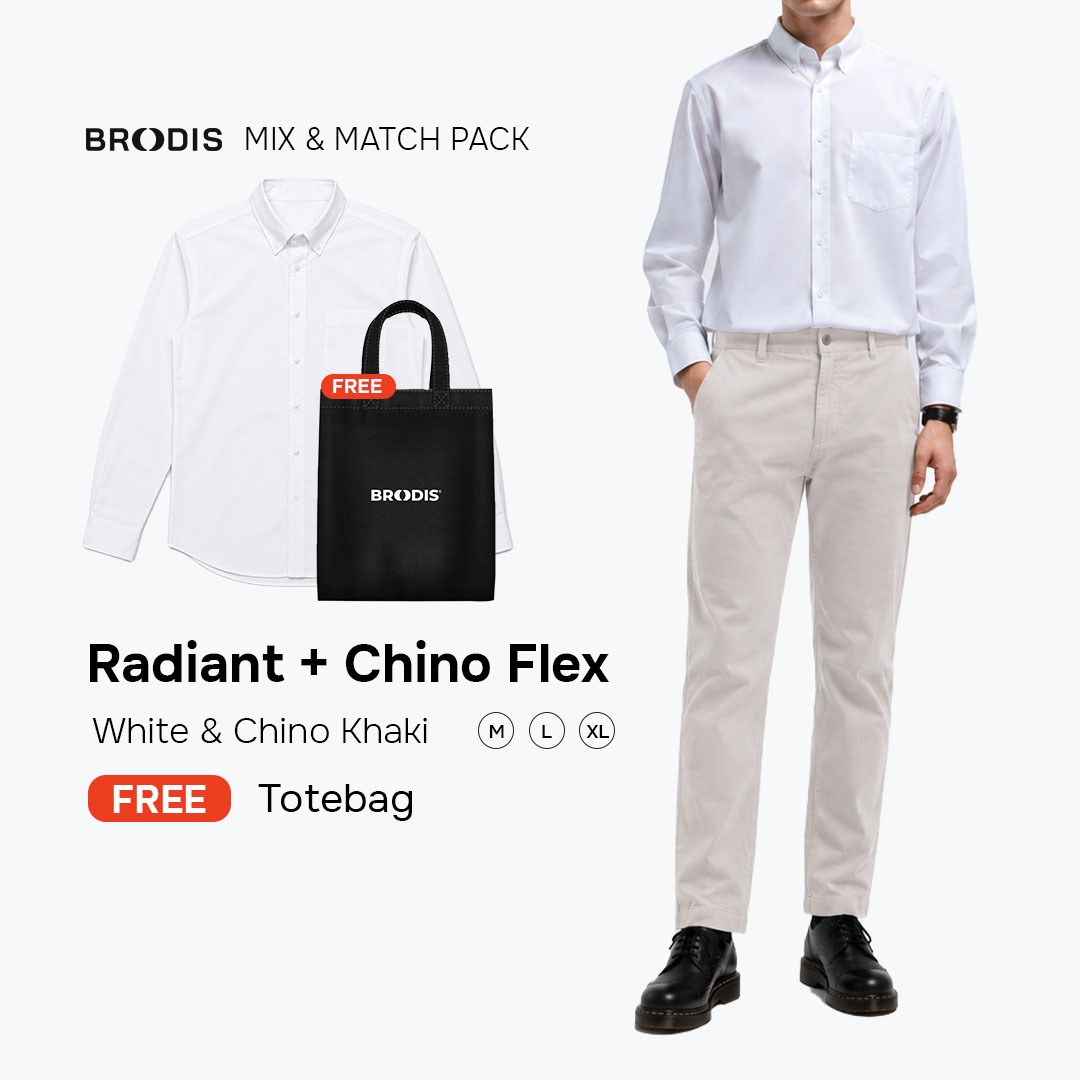 Broodis Smart Casual Bundle| Chino Flex + Kemeja Radiant White Bundling Formal Outfit FREE Goodie Bag