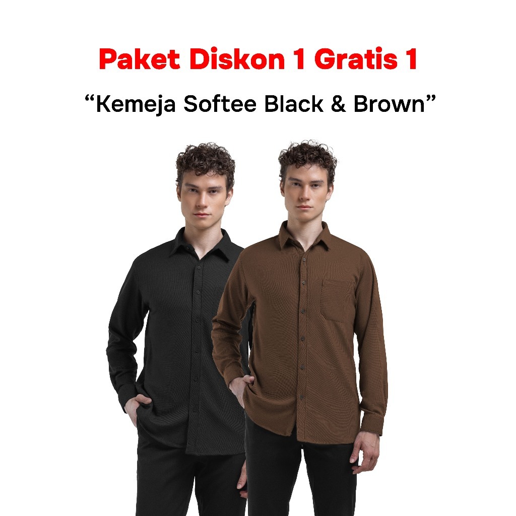 Buy 1 Get 2 Broodis Kemeja Polos Black + Brown Cotton SOFTEE Lengan Panjang Slimfit