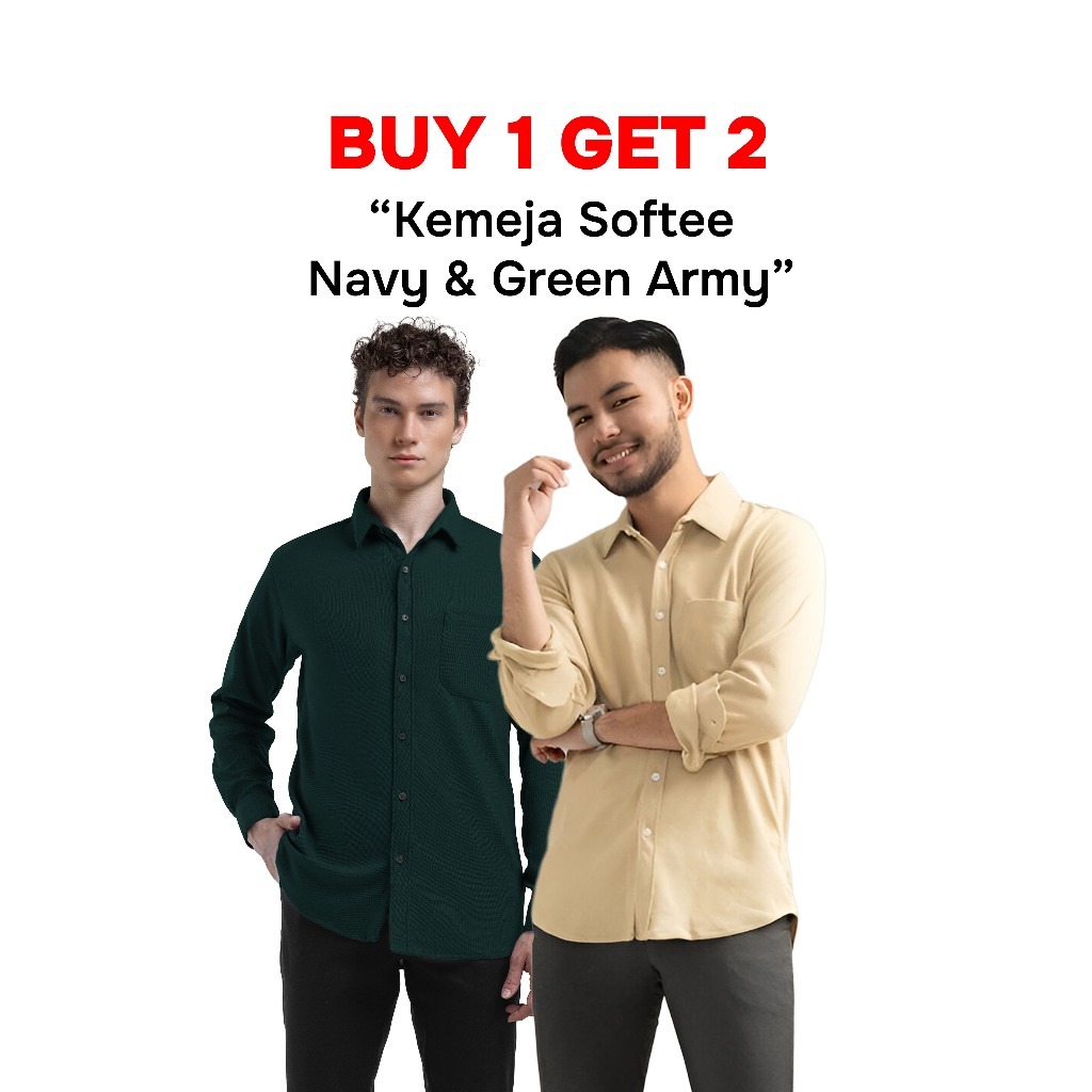 Buy 1 Get 2 Broodis Kemeja Polos Black + Brown Cotton SOFTEE Lengan Panjang Slimfit