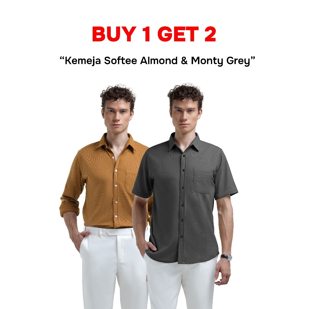 Buy 1 Get 2 Broodis Kemeja Pendek & Panjang Polos Peanut & Grey SOFTEE/MONTY Lengan Pendek & Panjang Slimfit