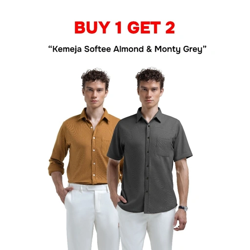 Buy 1 Get 2 Broodis Kemeja Pendek & Panjang Polos Peanut & Grey SOFTEE/MONTY Lengan Pendek & Panjang Slimfit