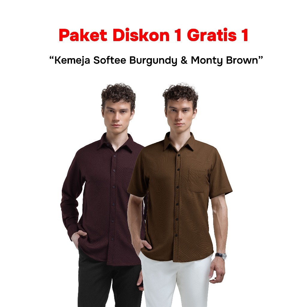 Buy 1 Get 2 Broodis Kemeja Pendek & Panjang Polos Deep Burgundy & Brown SOFTEE/MONTY Lengan Pendek & Panjang Slimfit