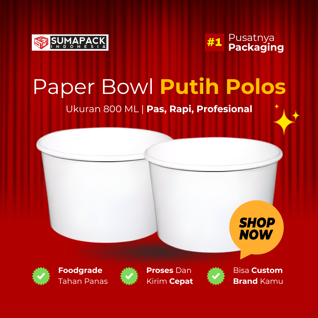 Paper Bowl Polos 650 / 800 / 950 ml — Food Grade, Microwave Safe, Tahan Panas dan Minyak, Kualitas Premium.