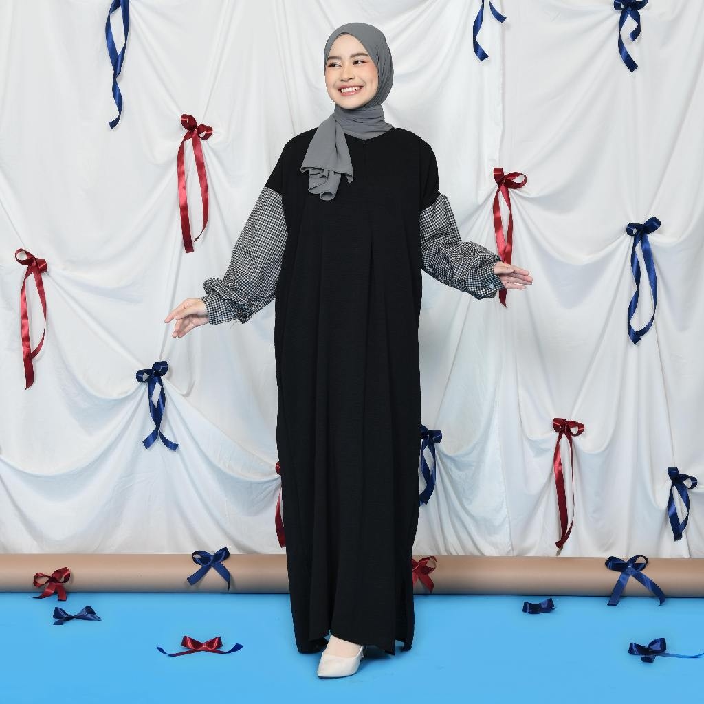 Zyeren Mix Square Dress - Gamis Big Size Busui - Dress Lengan Balloon - Gamis Sleting - Gamis Kekinian