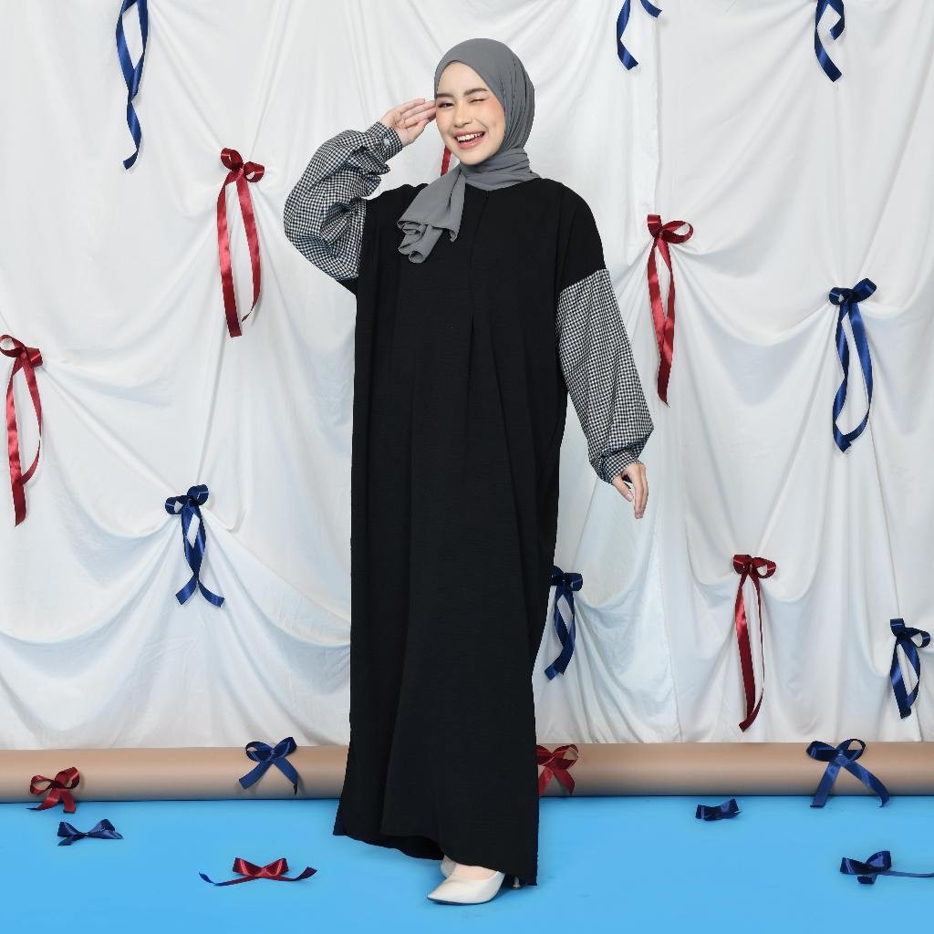 Zyeren Mix Square Dress - Gamis Big Size Busui - Dress Lengan Balloon - Gamis Sleting - Gamis Kekinian
