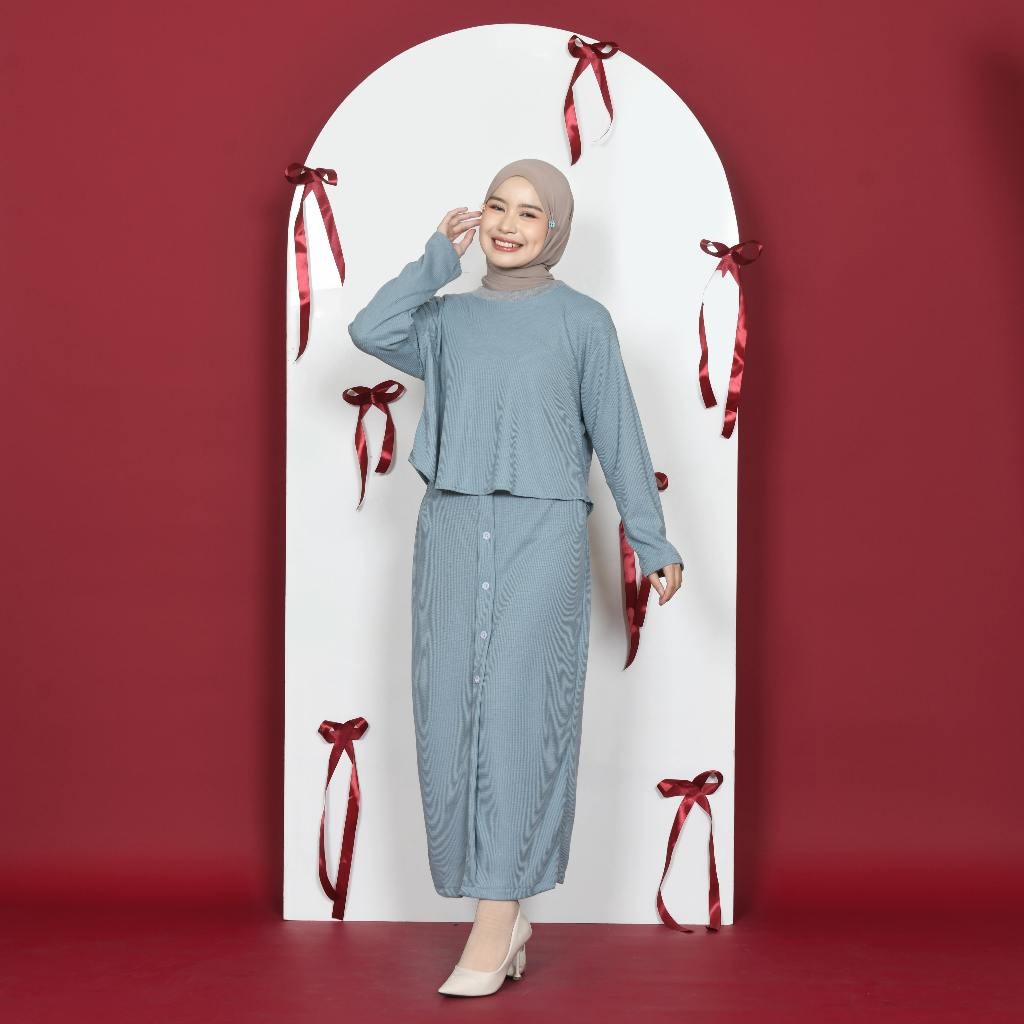 Munabilufiya One Set Knit Waffle Setelan Wanita Kekinian Atasan dan Rok Kancing Wanita