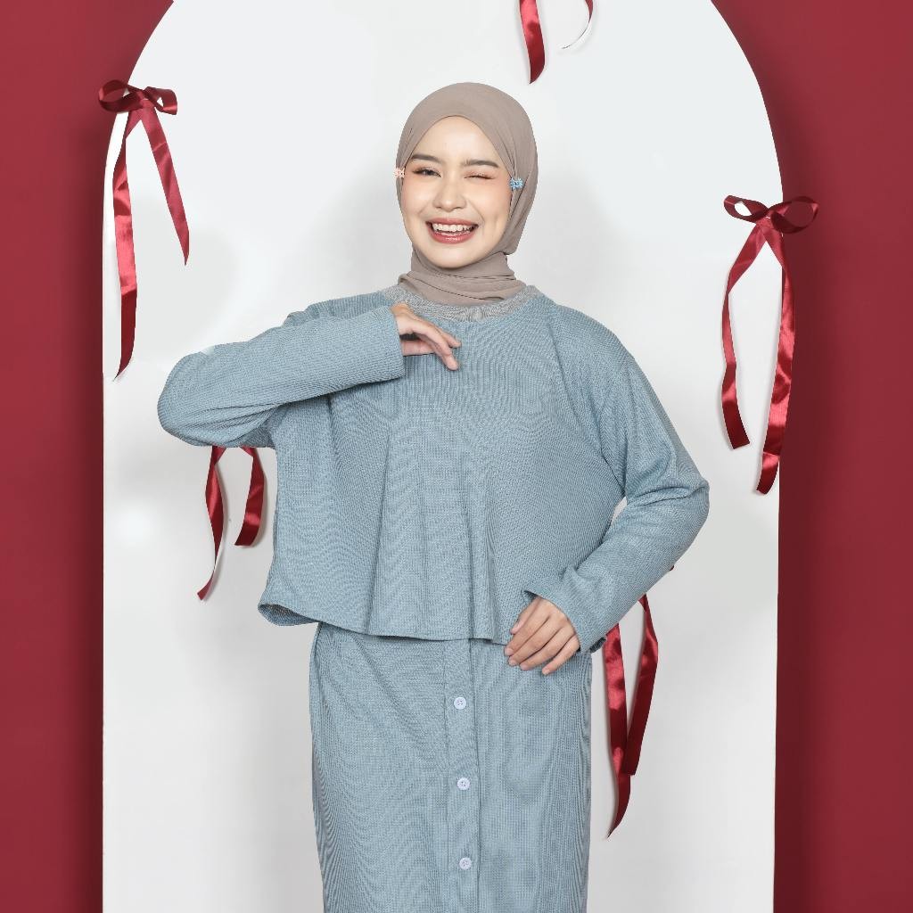 Munabilufiya One Set Knit Waffle Setelan Wanita Kekinian Atasan dan Rok Kancing Wanita