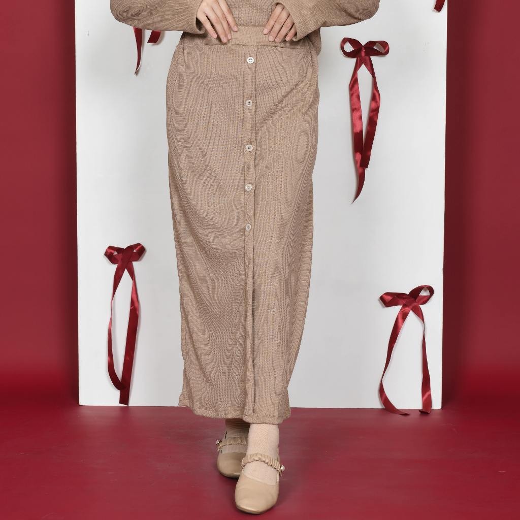 Munabilufiya One Set Knit Waffle Setelan Wanita Kekinian Atasan dan Rok Kancing Wanita