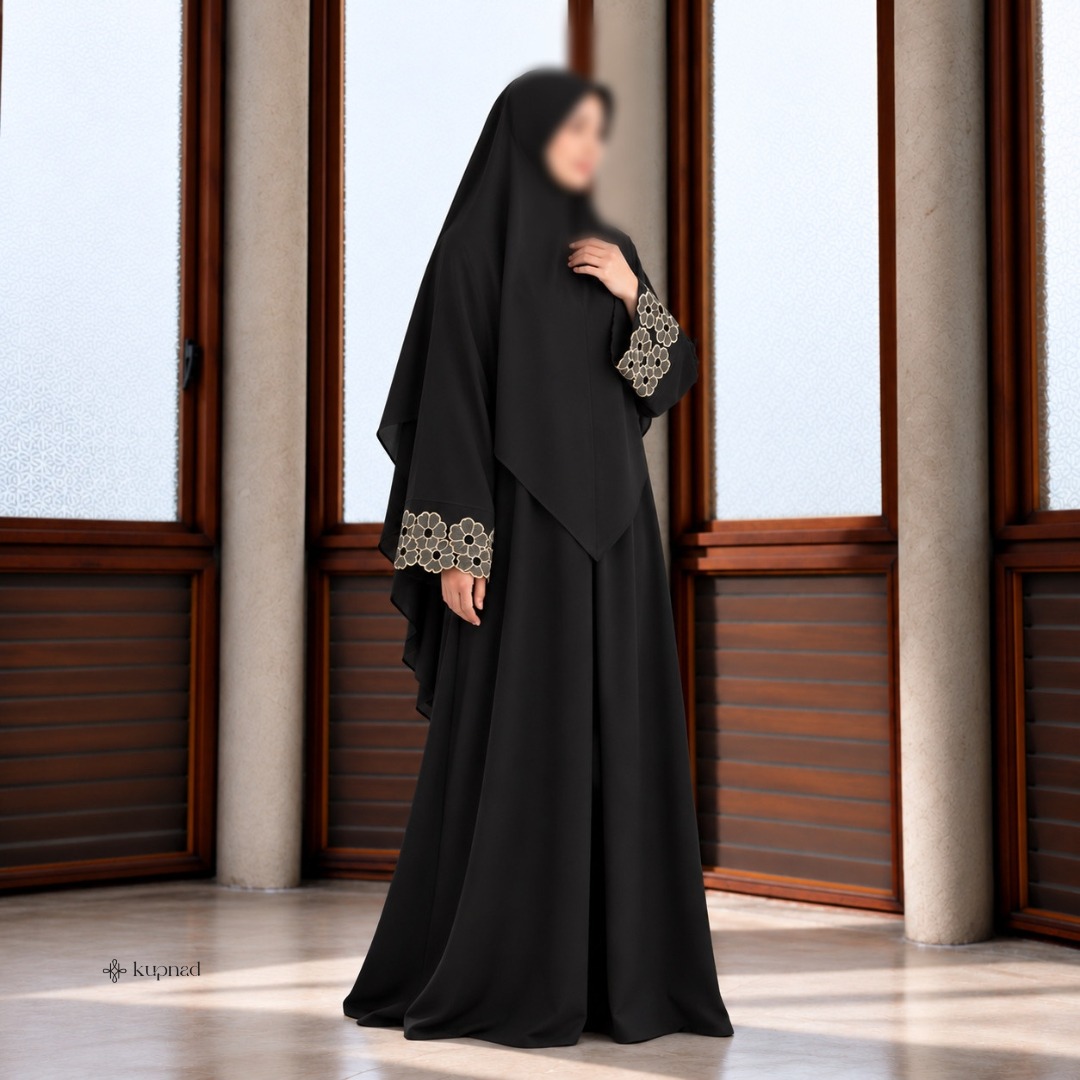 Abaya Bordir Bunga Lengan Mewah dan Elegan Busui Friendly - Sena Abaya by KUPNAD