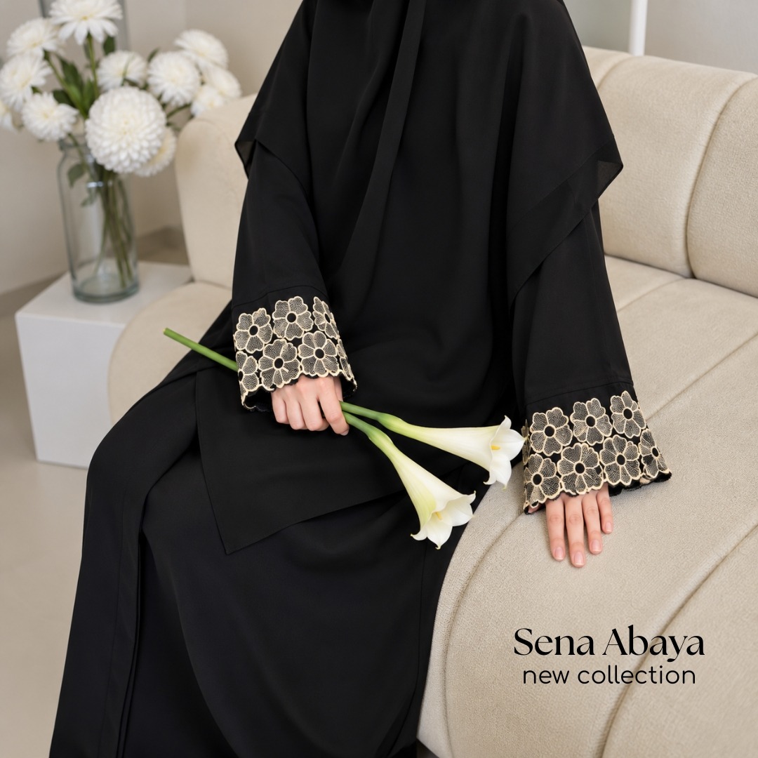 Abaya Bordir Bunga Lengan Mewah dan Elegan Busui Friendly - Sena Abaya by KUPNAD