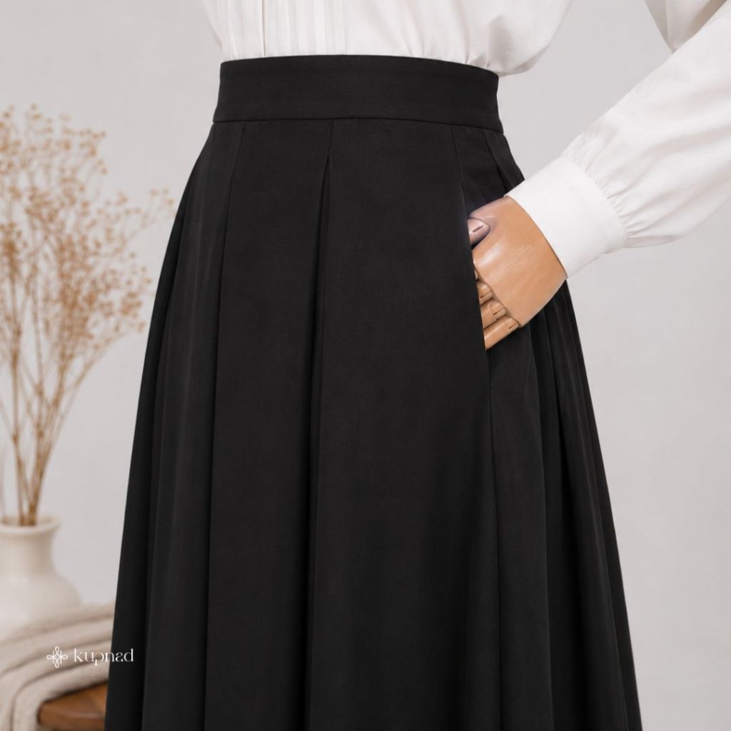 Rok Hitam Wanita Panjang A-Line Flare Premium | Ada Saku, Pinggang Karet, Ukuran Standar & Jumbo by KUPNAD