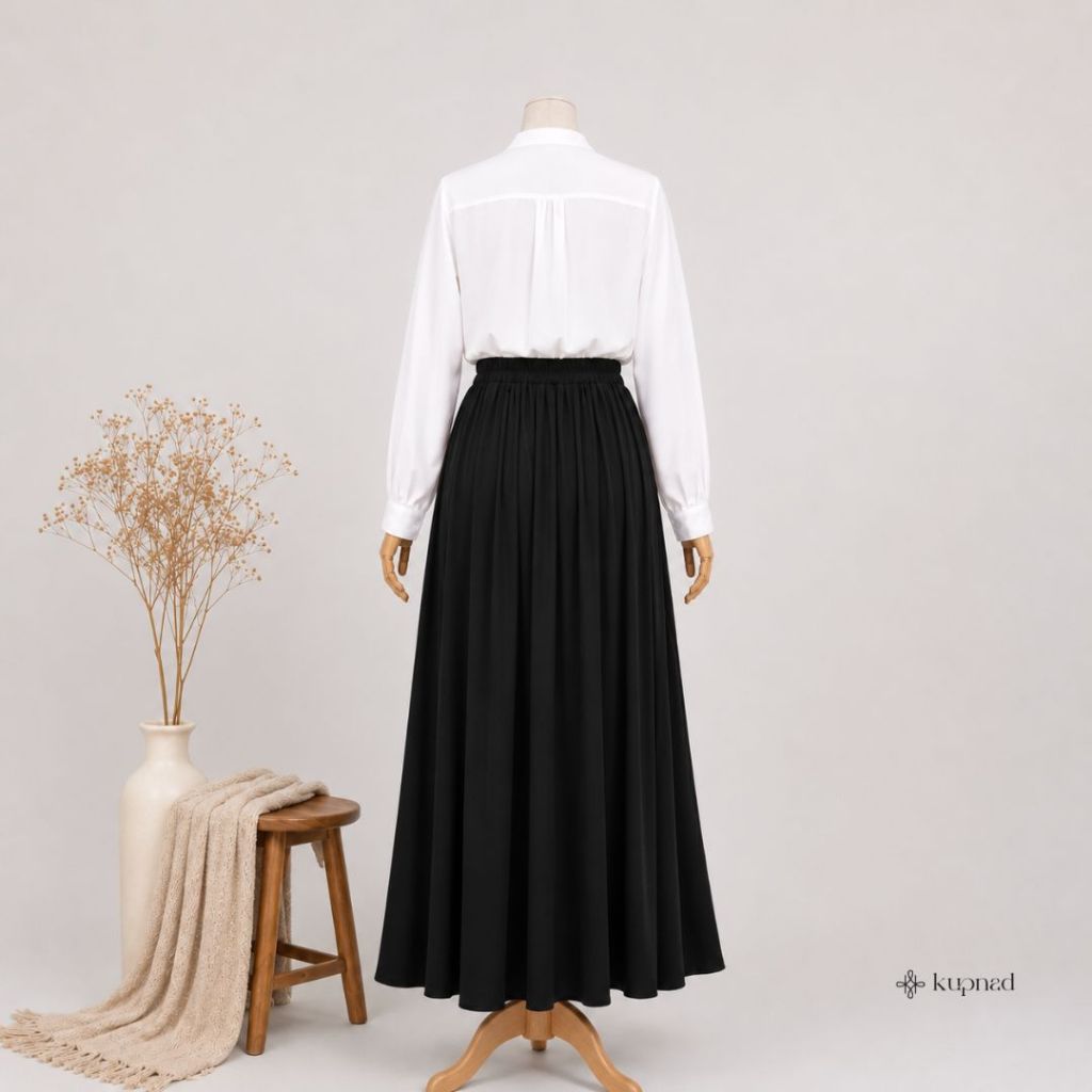 Rok Hitam Wanita Panjang A-Line Flare Premium | Ada Saku, Pinggang Karet, Ukuran Standar & Jumbo by KUPNAD
