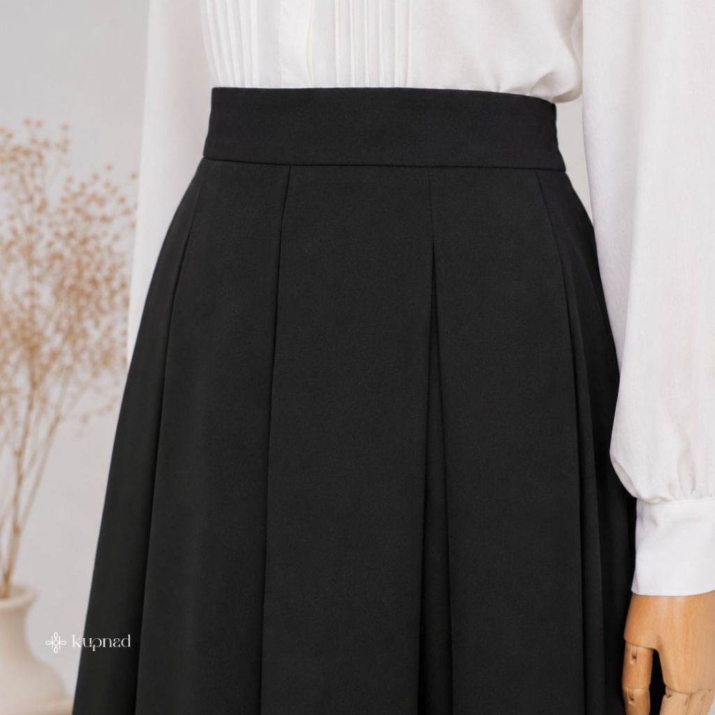 Rok Hitam Wanita Panjang A-Line Flare Premium | Ada Saku, Pinggang Karet, Ukuran Standar & Jumbo by KUPNAD