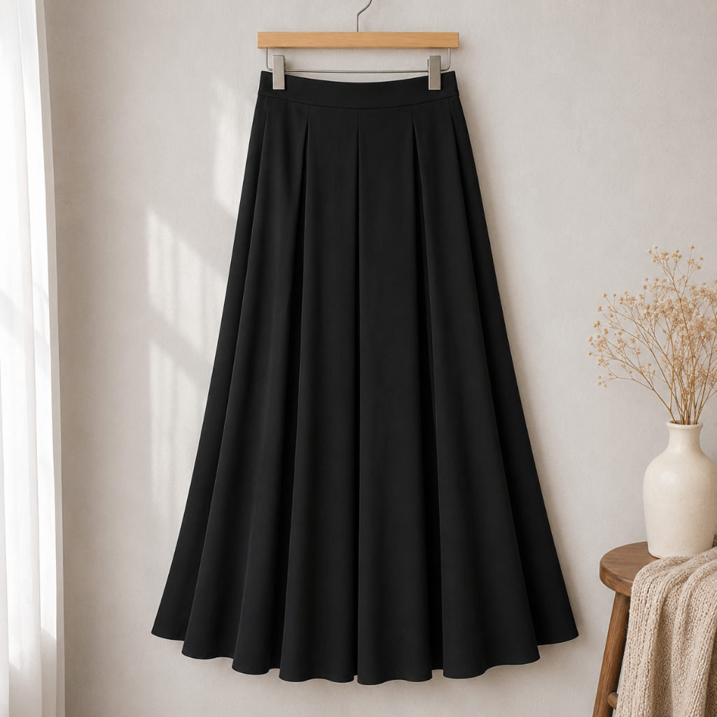 Rok Hitam Wanita Panjang A-Line Flare Premium | Ada Saku, Pinggang Karet, Ukuran Standar & Jumbo by KUPNAD