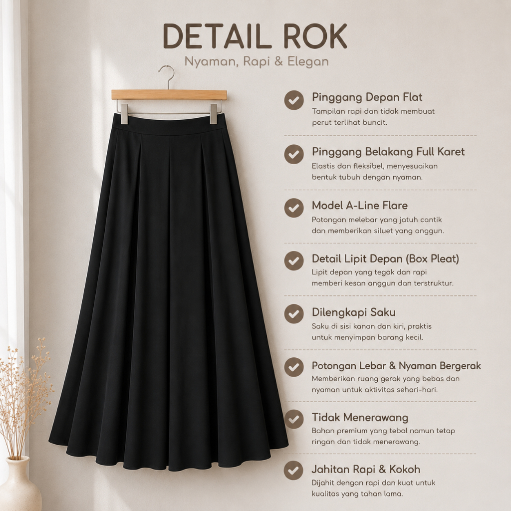 Rok Hitam Wanita Panjang A-Line Flare Premium | Ada Saku, Pinggang Karet, Ukuran Standar & Jumbo by KUPNAD