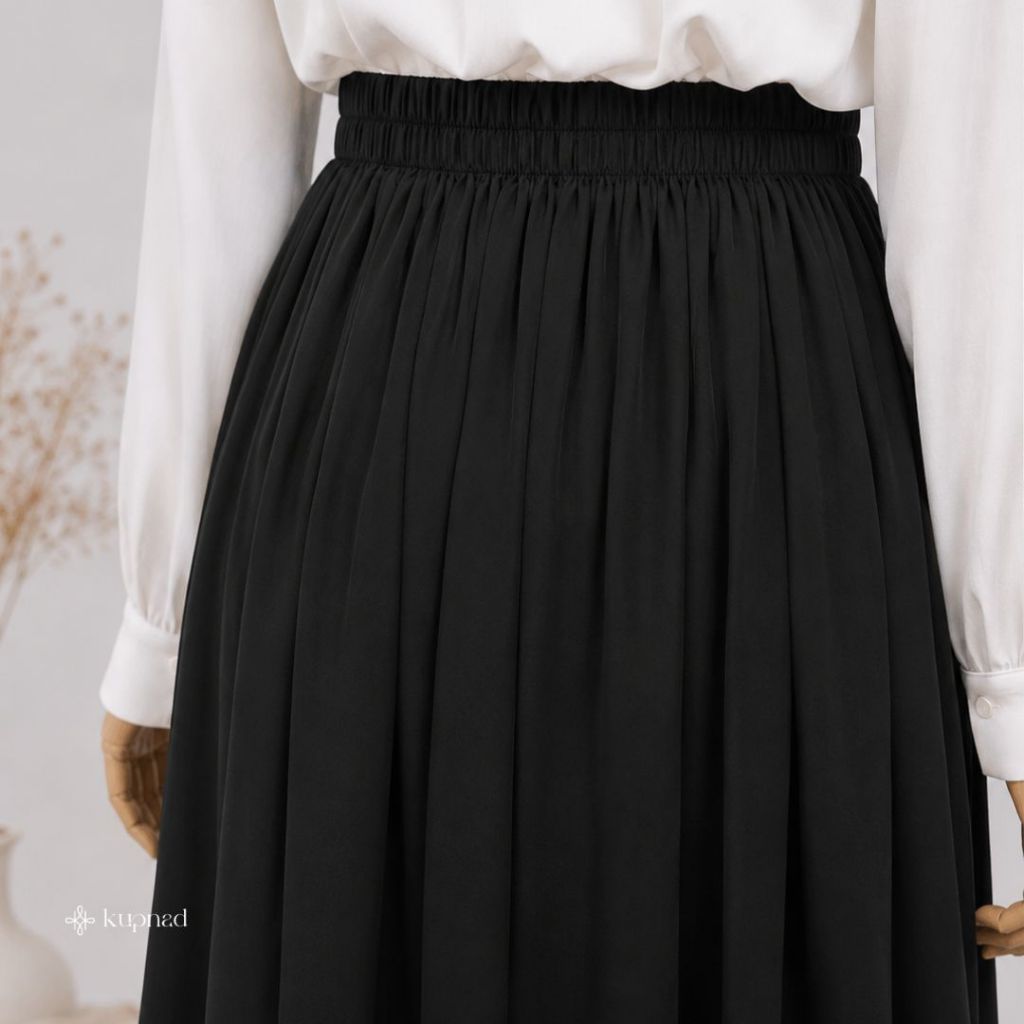 Rok Hitam Wanita Panjang A-Line Flare Premium | Ada Saku, Pinggang Karet, Ukuran Standar & Jumbo by KUPNAD